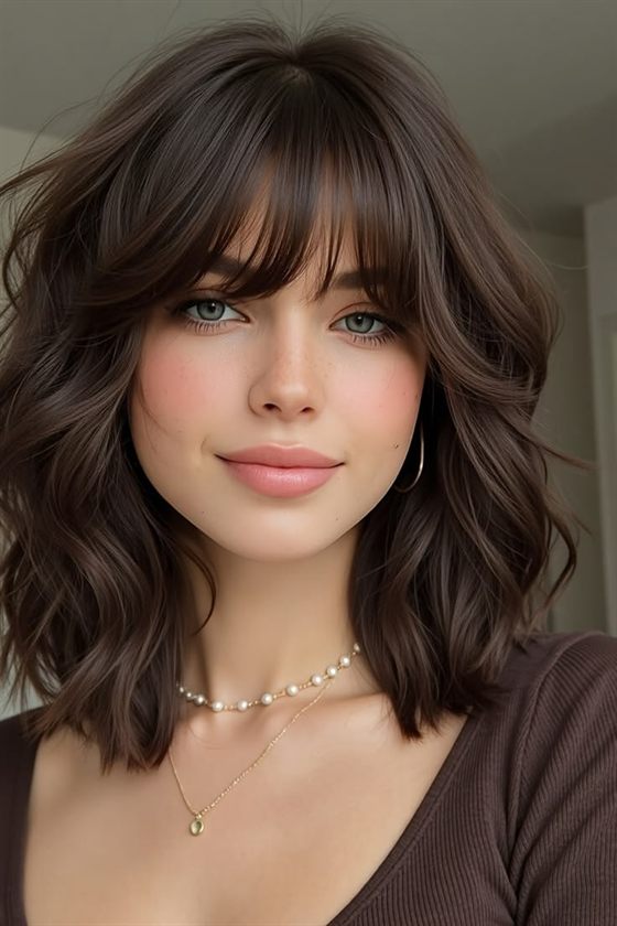 Inspiração de corte médio com franja